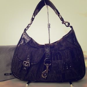 MIU MIU distressed black denim & leather bag